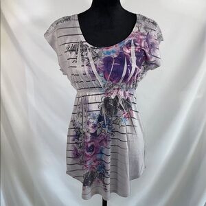 Decree Gray Floral Lace Knit Short Sleeve Top Medium